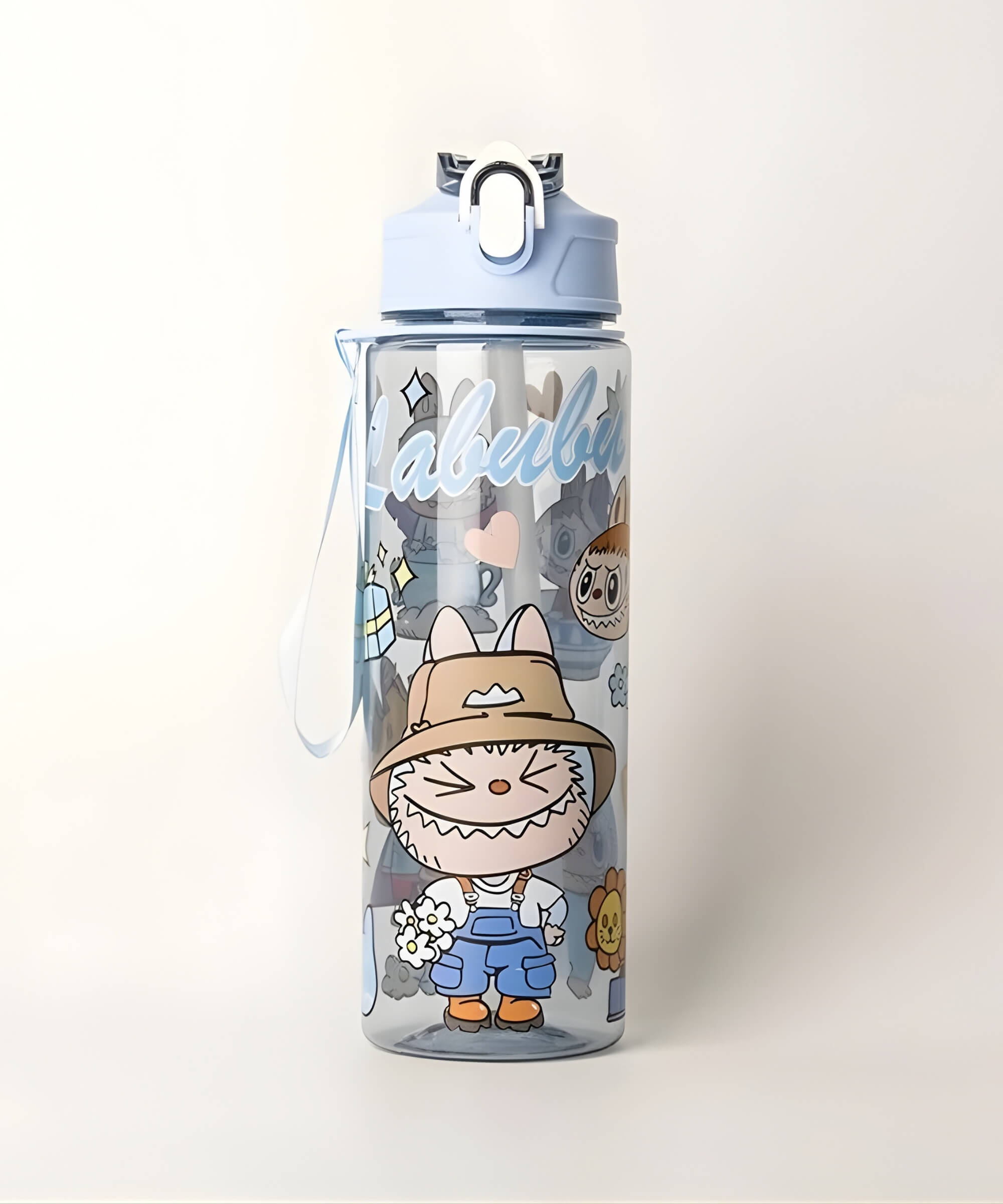 Charmazing Labubu style straw water bottle blue 750ml flip-top kids drink bottle cute character design