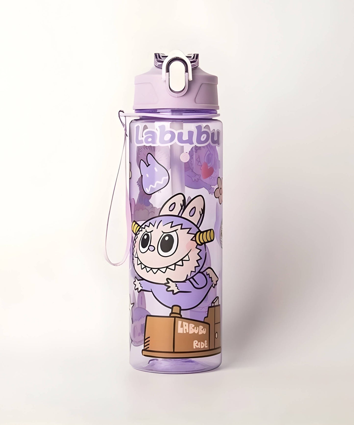 Charmazing Labubu style straw water bottle purple 750ml flip-top kids drink bottle with cartoon character design