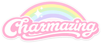 Charmazing brand logo with pink cursive lettering, pastel rainbow and sparkles