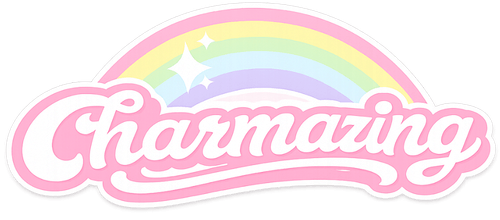 Charmazing brand logo with pink cursive lettering, pastel rainbow and sparkles
