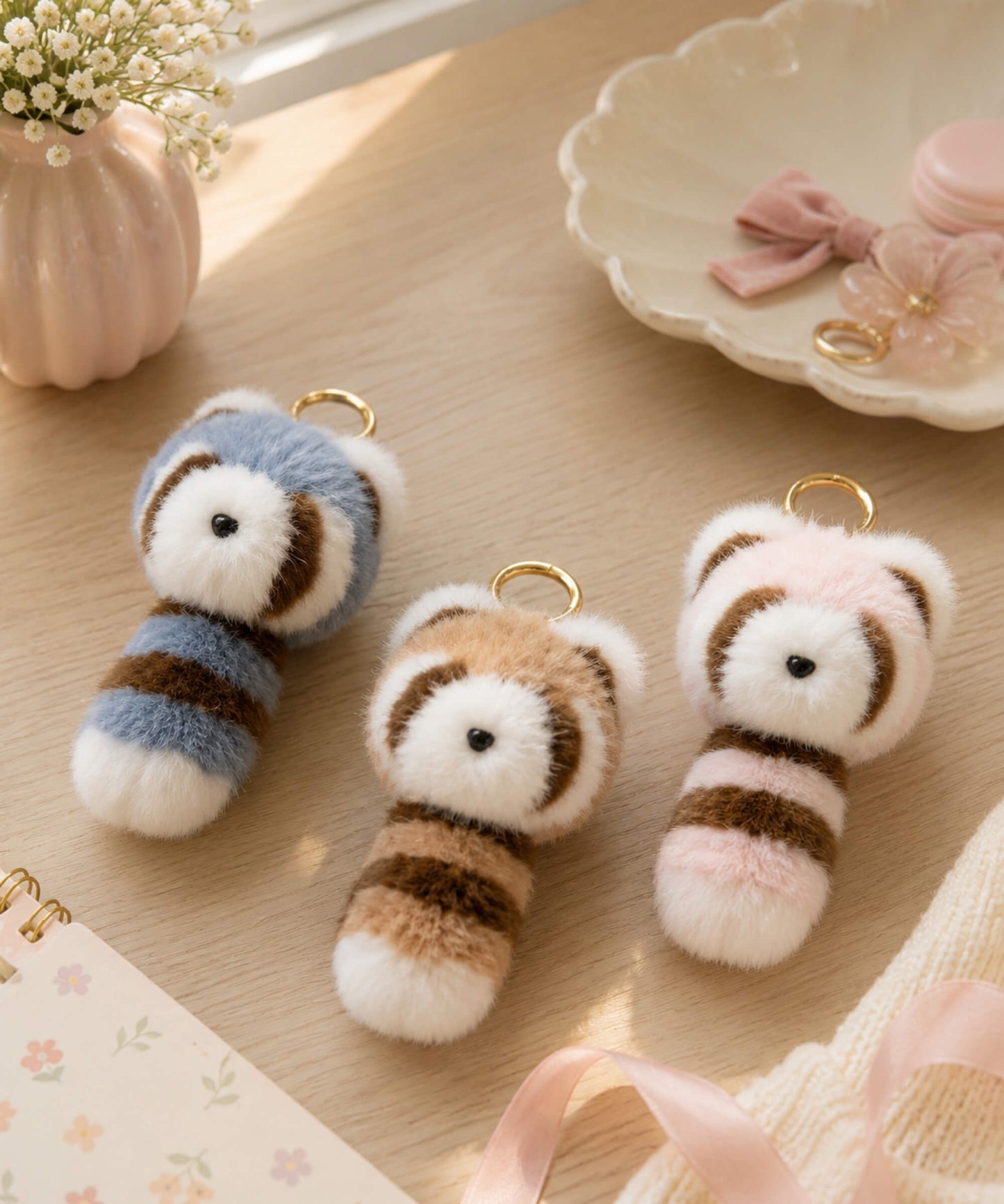 Raccoon plush keychains flatlay