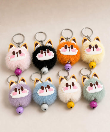 Lucky cat bell plush keychains in pink, black, orange, yellow, purple, blue, cream and mint colour options