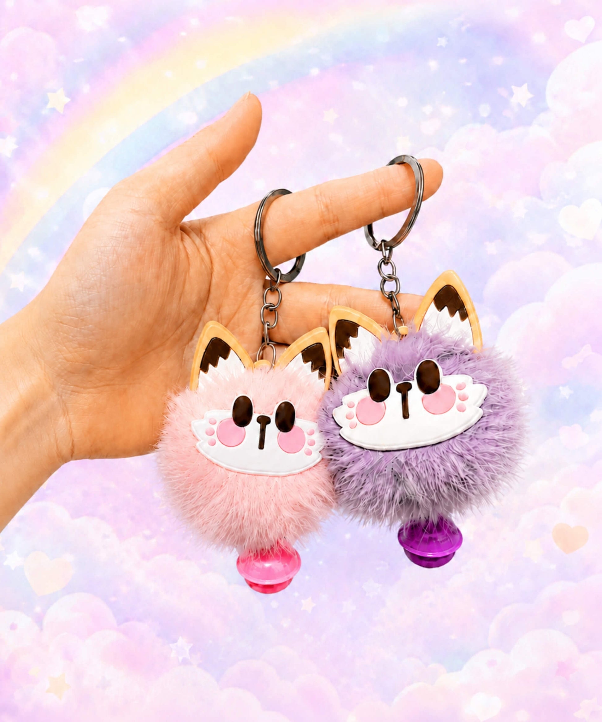 Pink and purple lucky cat bell plush keychains held by hand on a pastel rainbow background