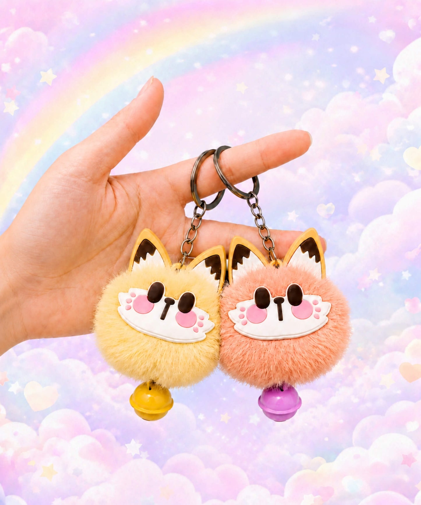 Yellow and peach lucky cat bell plush keychains held by hand on a pastel rainbow background