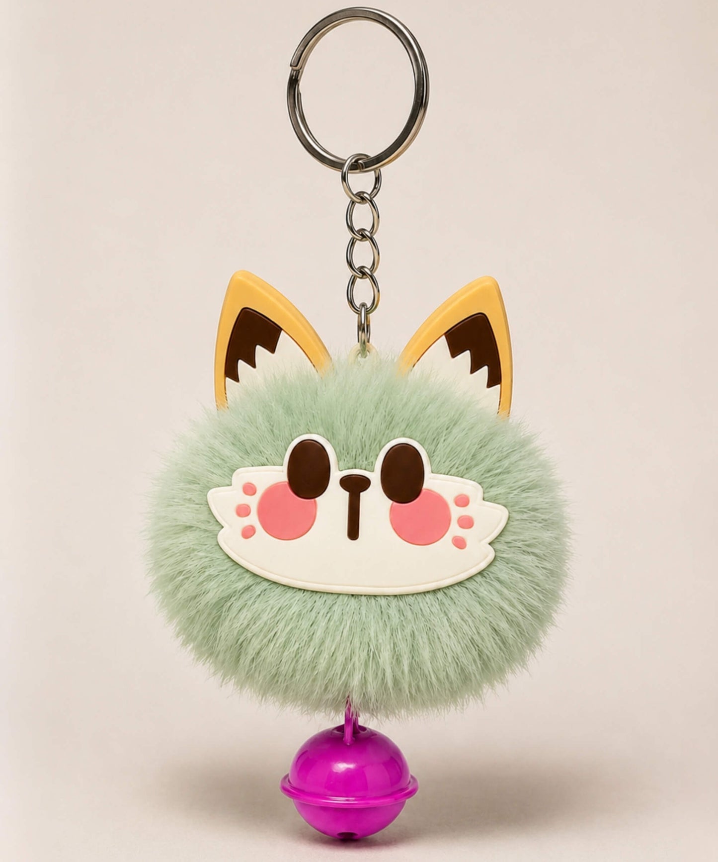 Mint lucky cat bell plush keychain with fluffy cat face charm and purple bell