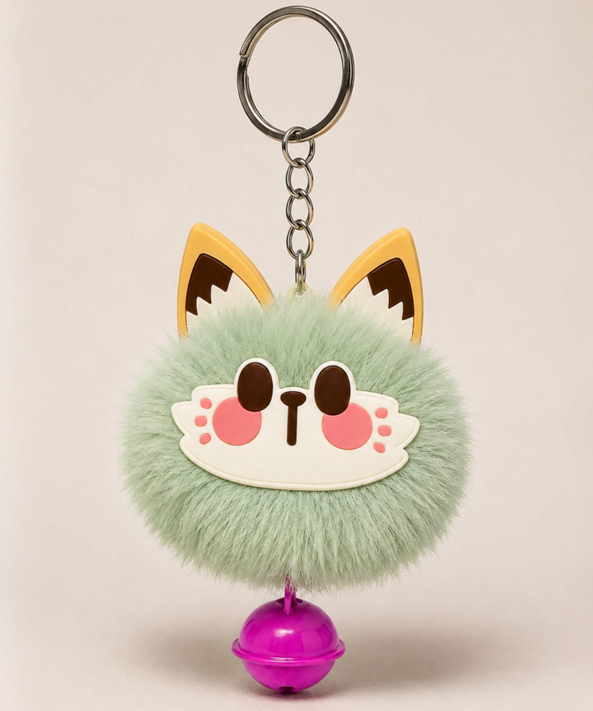 Mint lucky cat bell plush keychain with fluffy cat face charm and purple bell