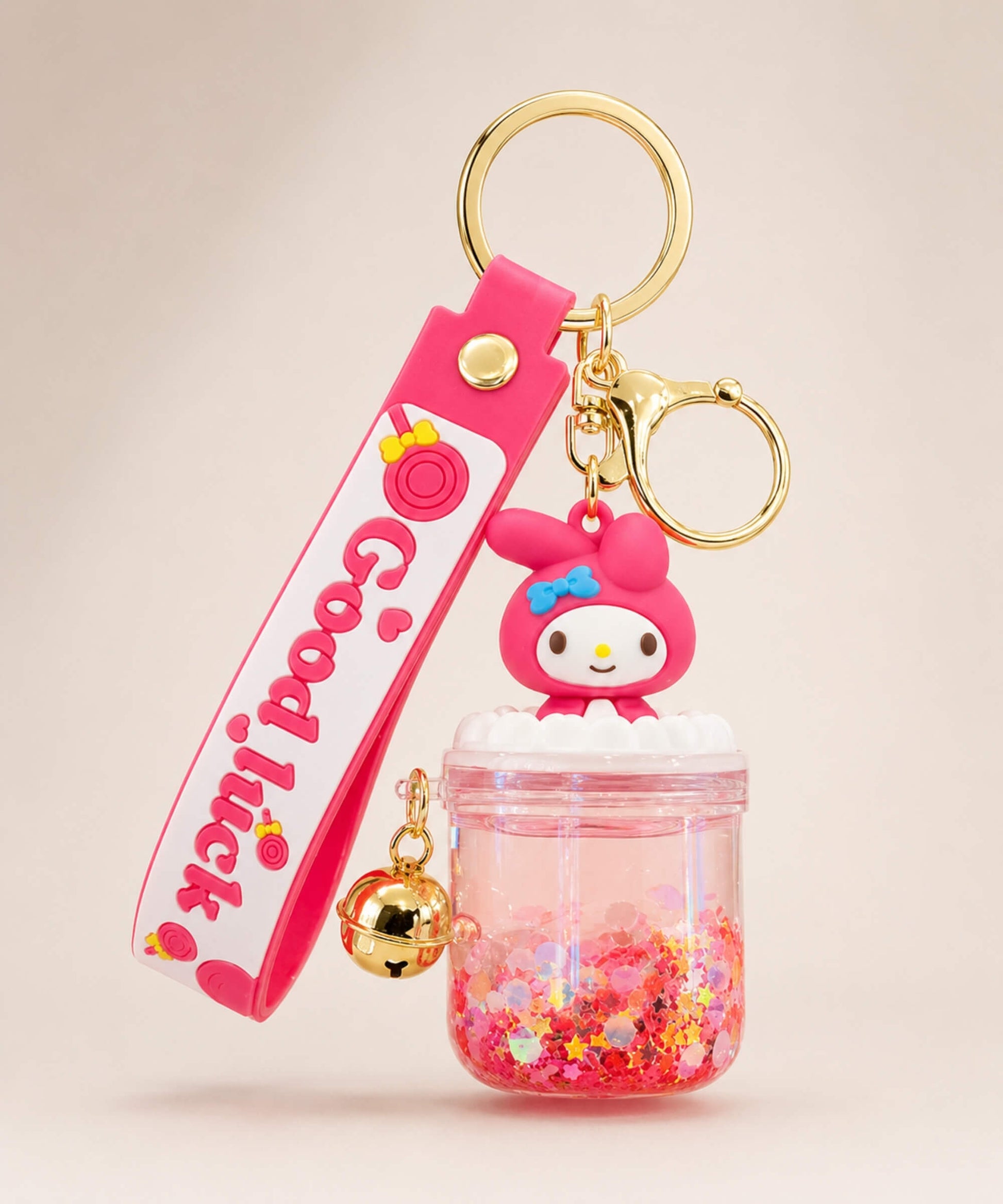 My Melody sparkle jar liquid keychain with pink glitter, pink strap, gold bell and gold hardware