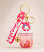 My Melody sparkle jar liquid keychain with pink glitter, pink strap, gold bell and gold hardware