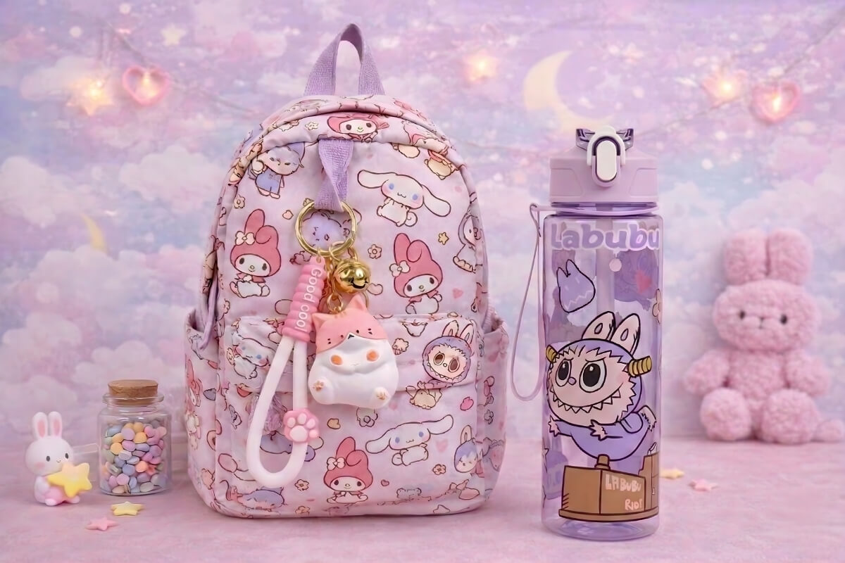Pastel kawaii backpack with cute keychain and water bottle on a dreamy soft background, representing the Charmazing story and everyday moments