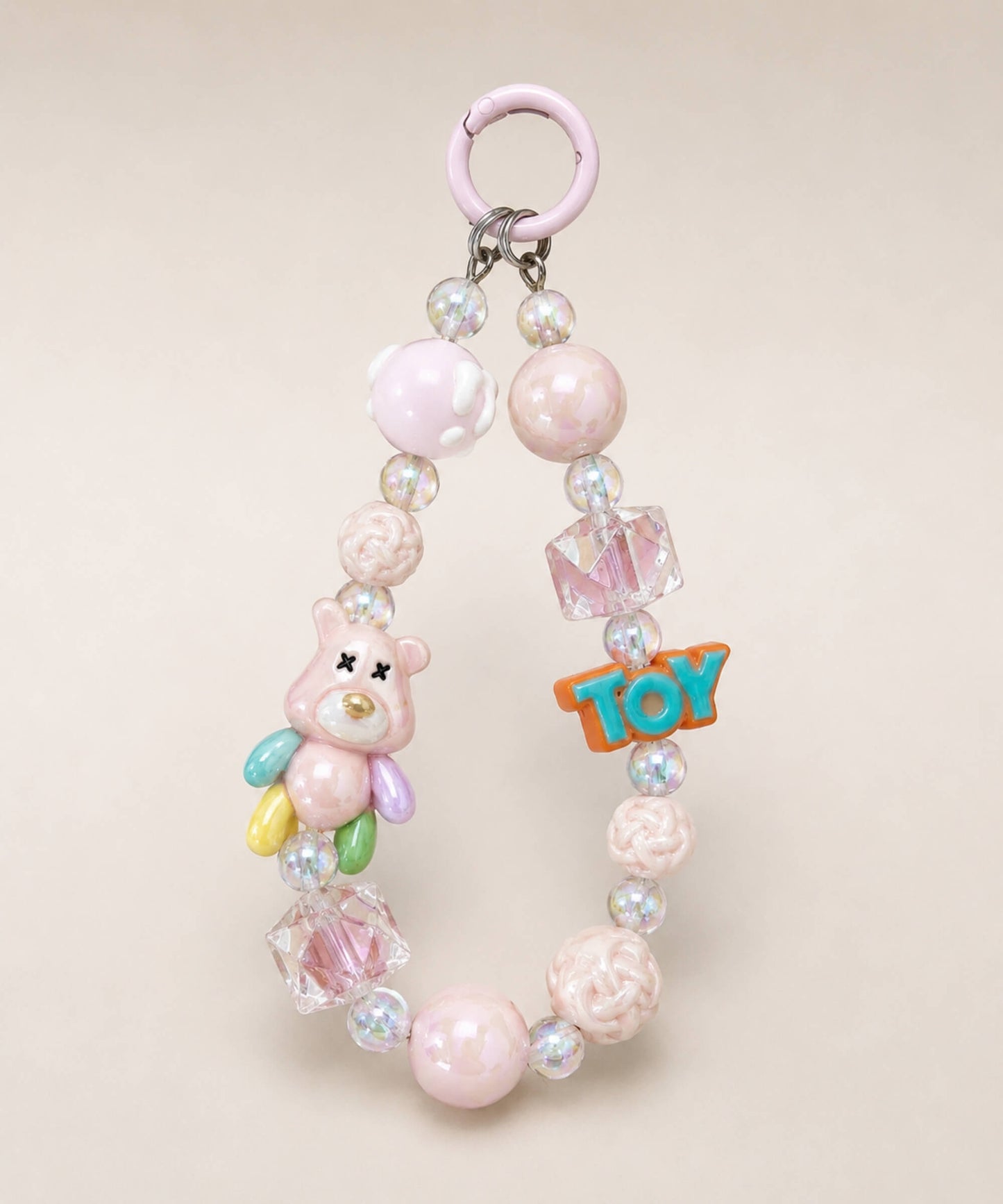 Pink bear beaded keychain with glossy beads, TOY charm and pastel details