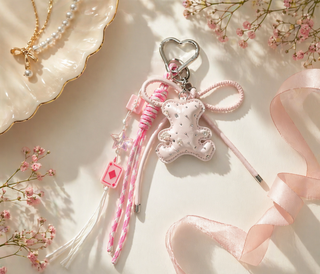 Charmazing cute pink keychain aesthetic flat lay with soft pastel styling