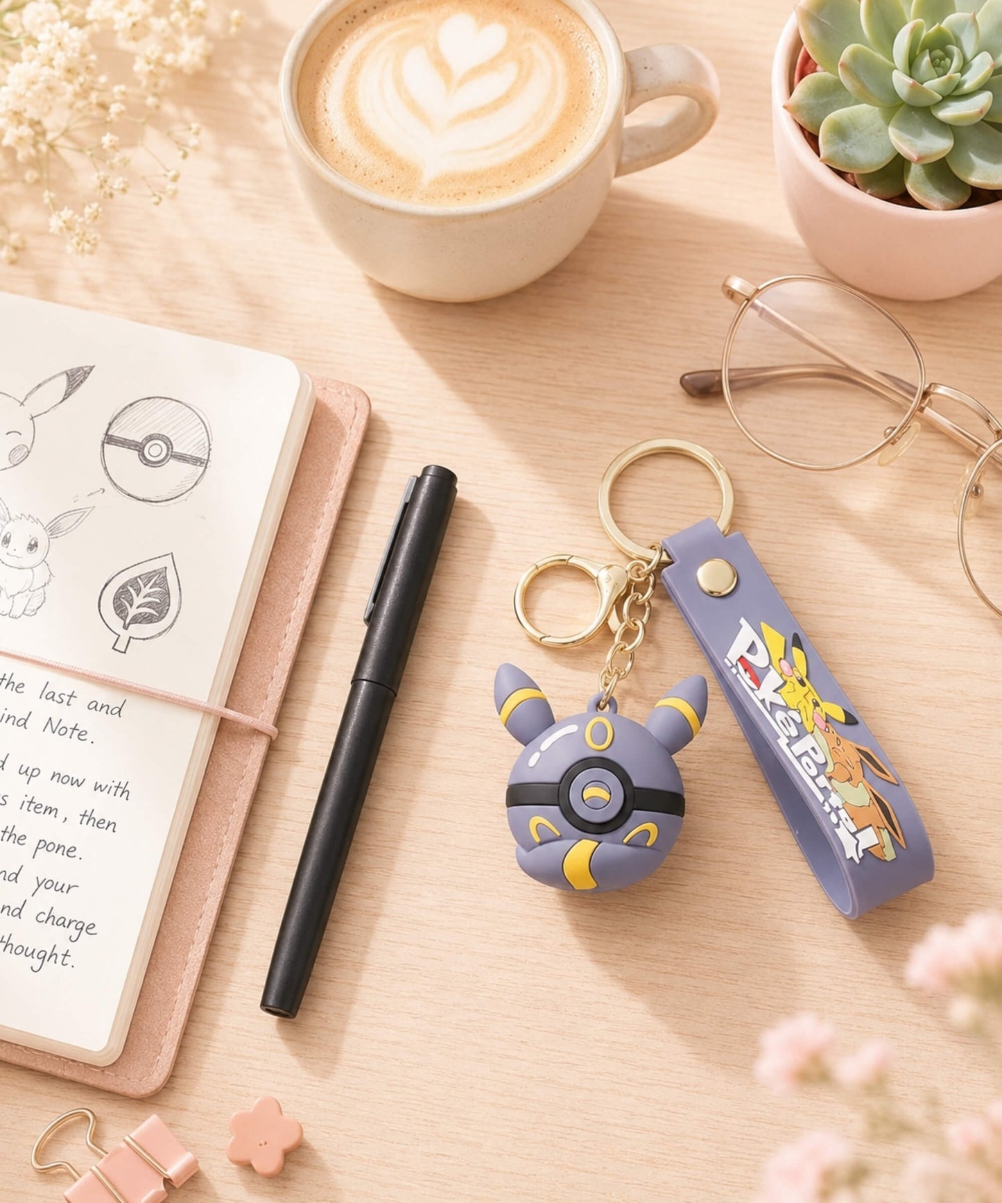 Moon style Poke Ball-inspired strap keychain on a desk with notebook, coffee, glasses and soft everyday accessories