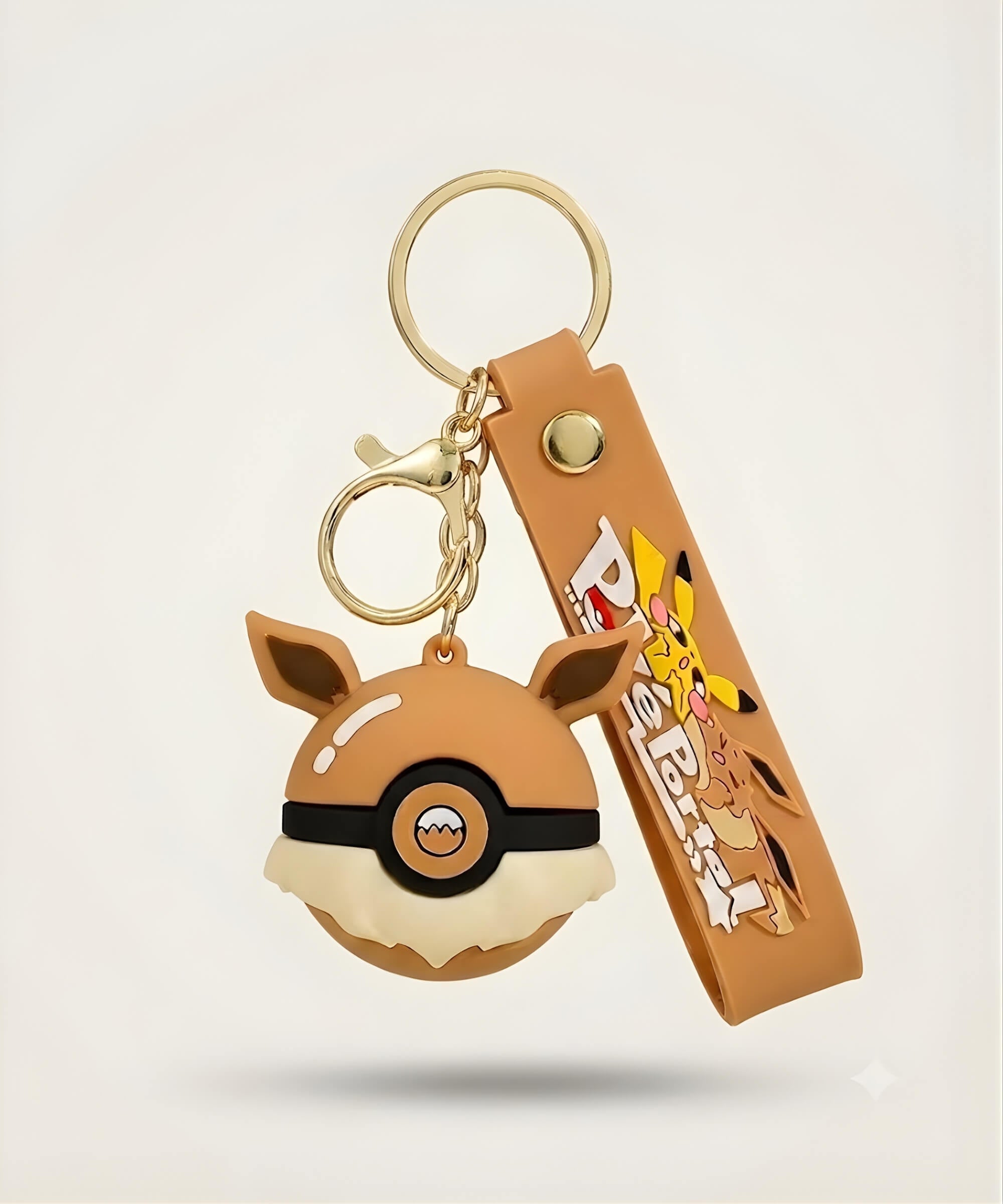 Brown Poke Ball-inspired strap keychain with anime-style 3D charm, matching wrist strap and gold-tone hardware