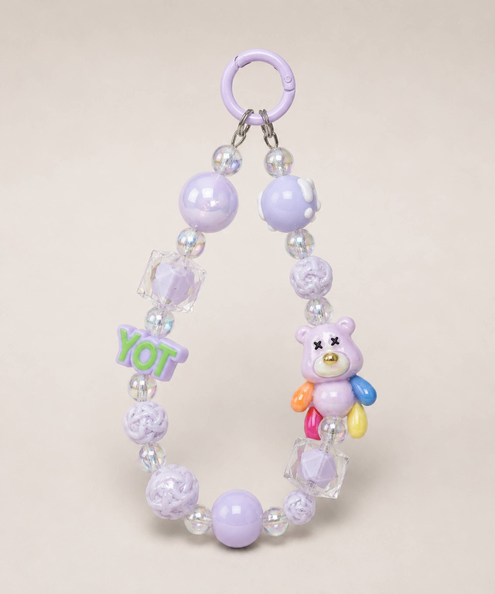 Purple bear beaded keychain with glossy beads, YOT charm and purple ring