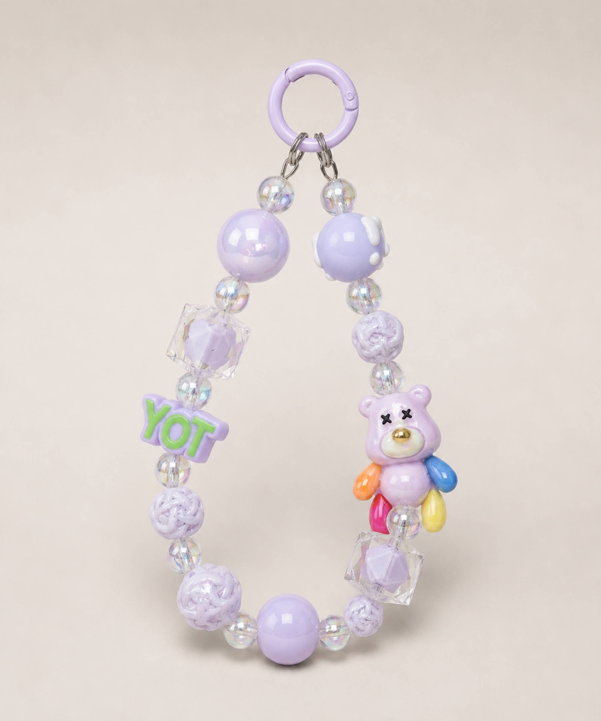 Purple bear beaded keychain with glossy beads, YOT charm and purple ring
