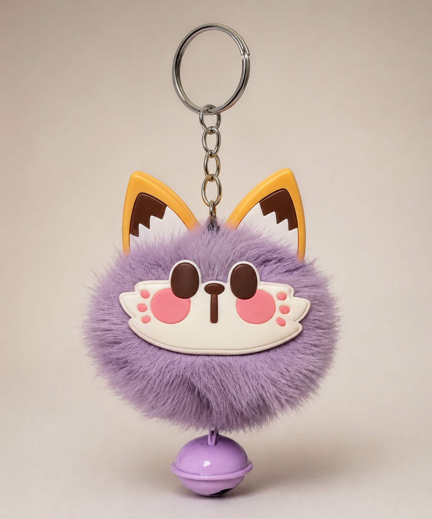 Purple lucky cat bell plush keychain with fluffy cat face charm and purple bell