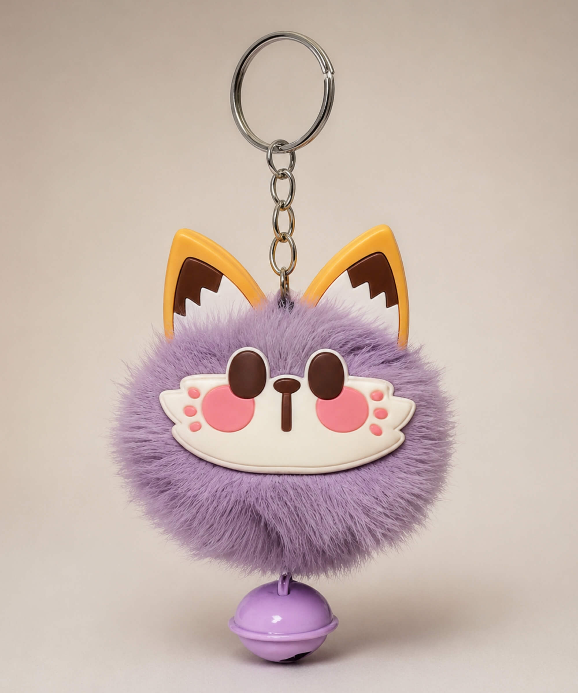 Purple lucky cat bell plush keychain with fluffy cat face charm and purple bell