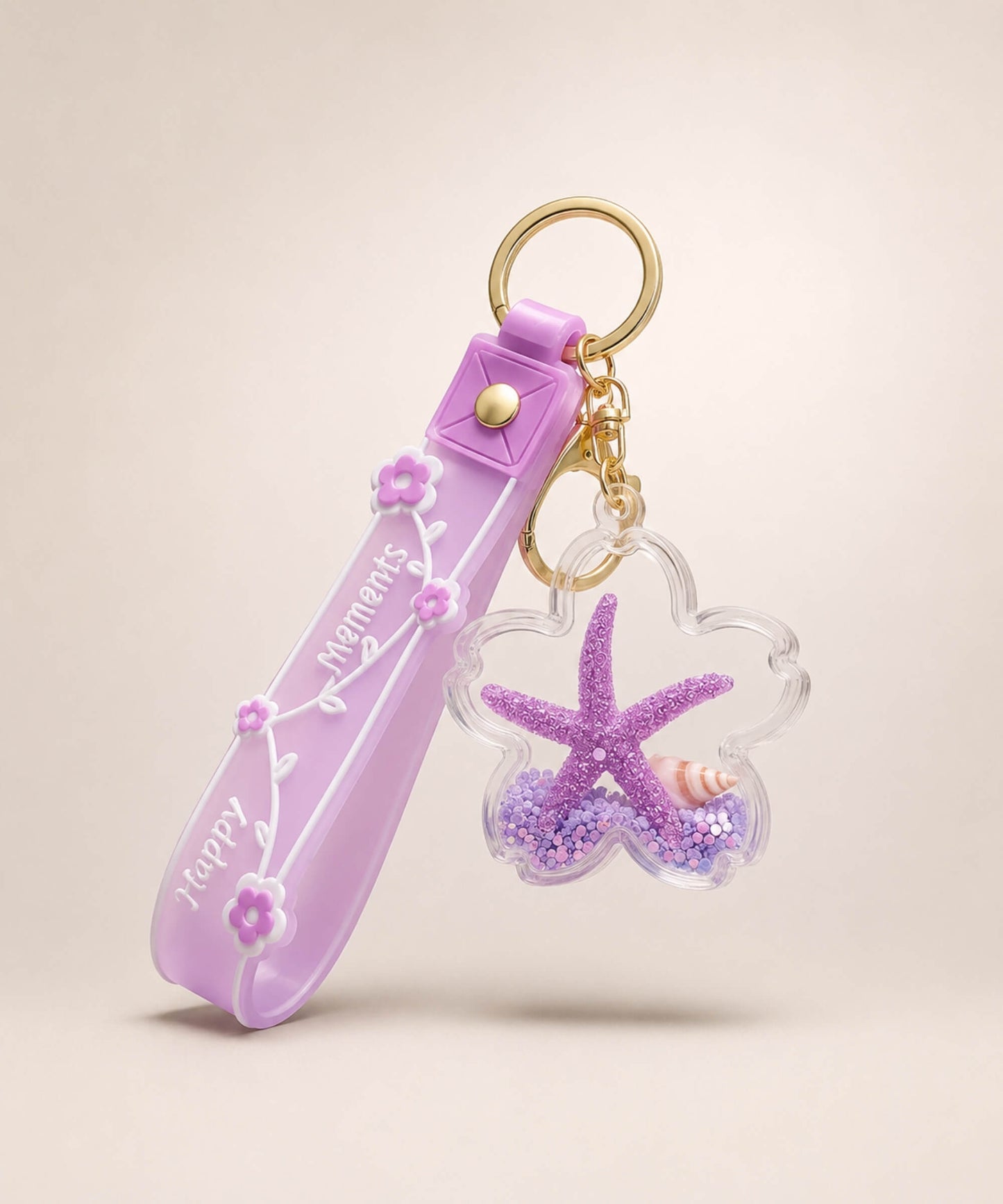 Kuromi purple bow liquid keychain with glitter, purple bell, purple strap and gold hardware