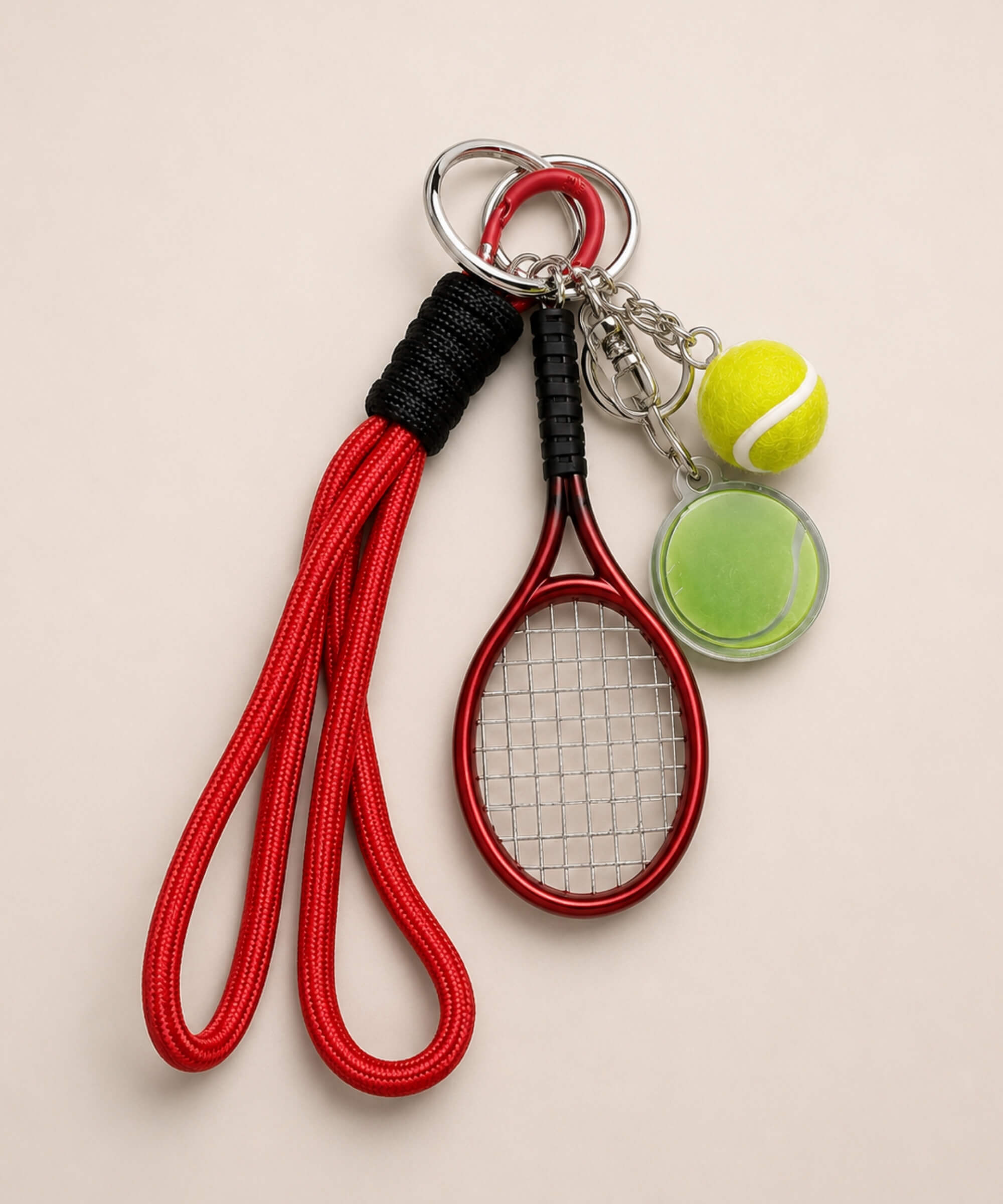 Red tennis charm set rope keychain with mini racket, tennis ball charms and rope strap