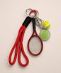 Red tennis charm set rope keychain with mini racket, tennis ball charms and rope strap