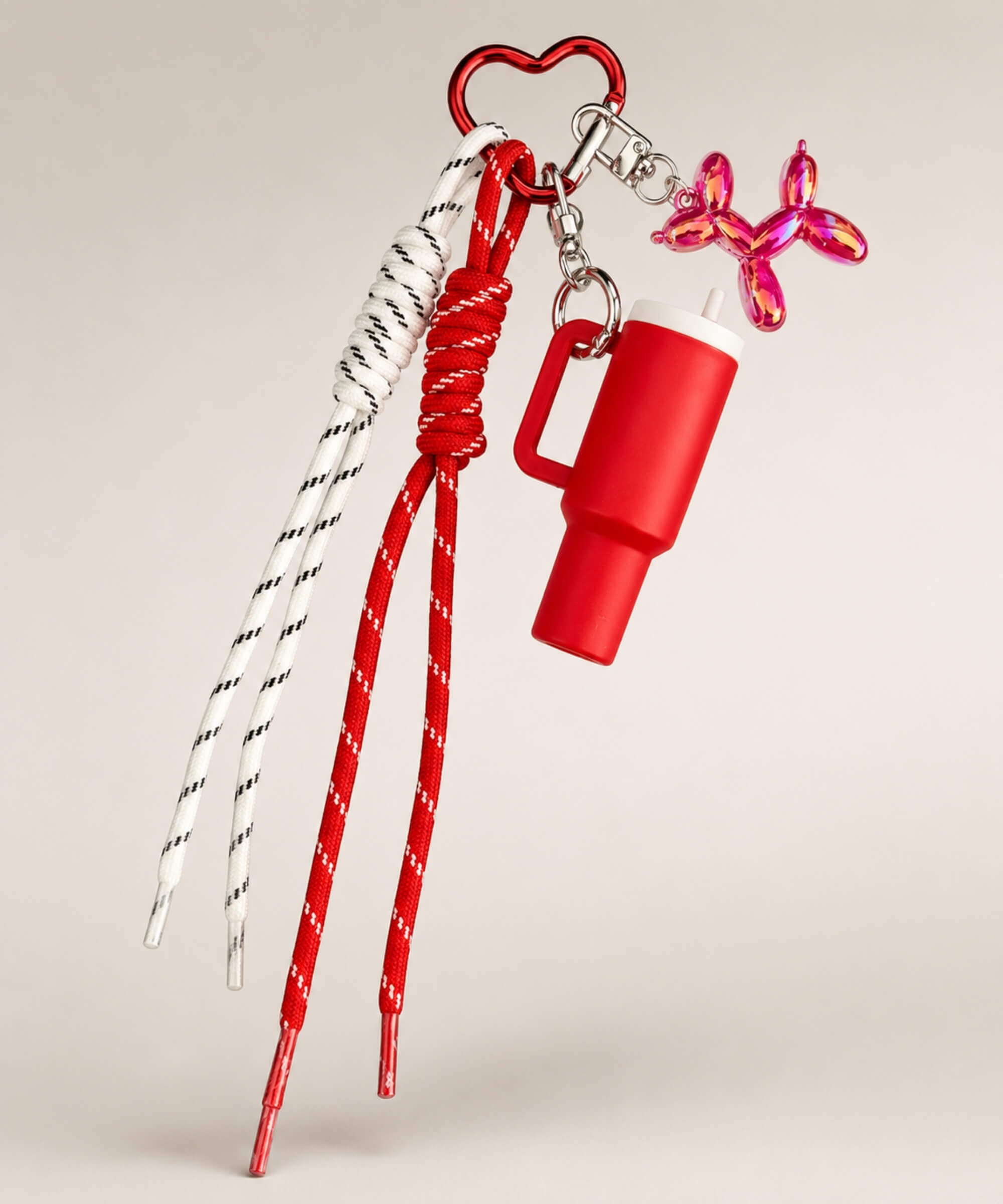 Red tumbler cup rope keychain with heart carabiner, rope straps and balloon dog charm