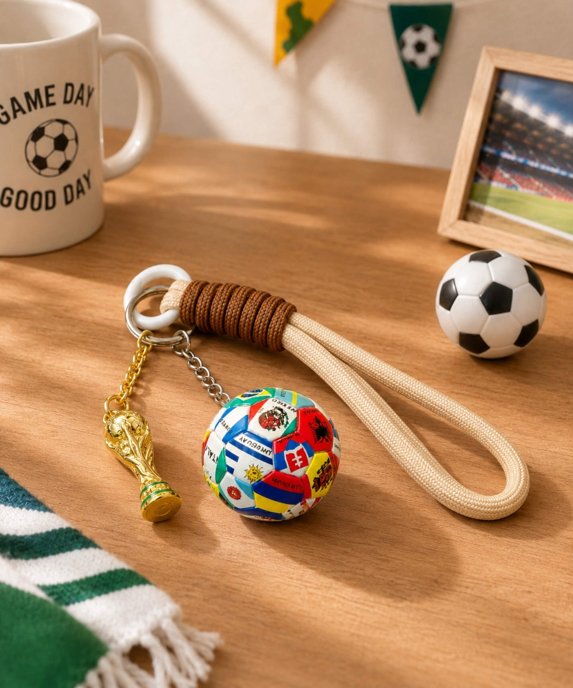 2026 World Cup inspired football keychain with multicolour football charm and trophy charm styled on a wooden table