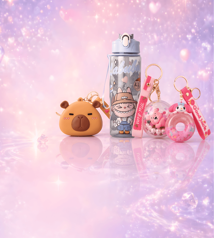 Charmazing Sale Finds mobile banner featuring cute keychains and a pastel water bottle in a dreamy pink and purple background