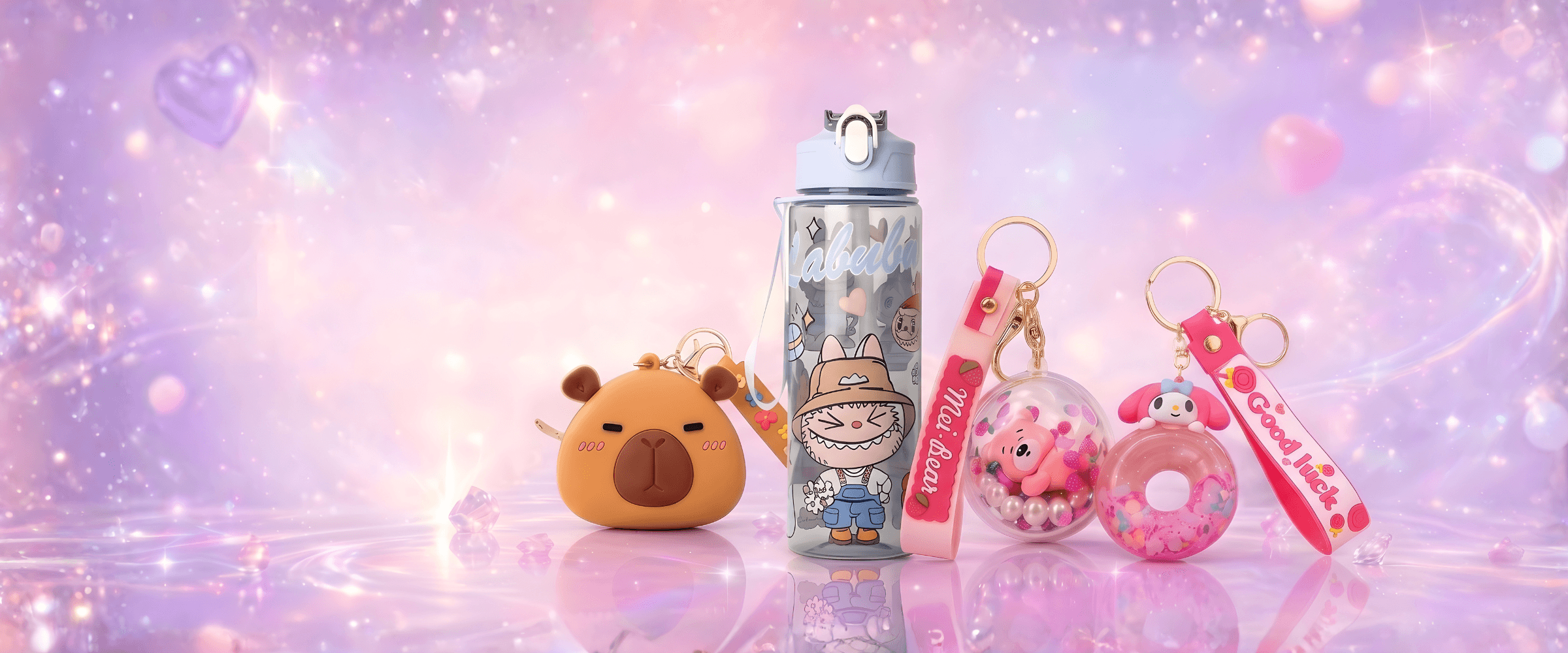Charmazing Sale Finds banner featuring cute keychains and a pastel water bottle in a dreamy pink and purple background