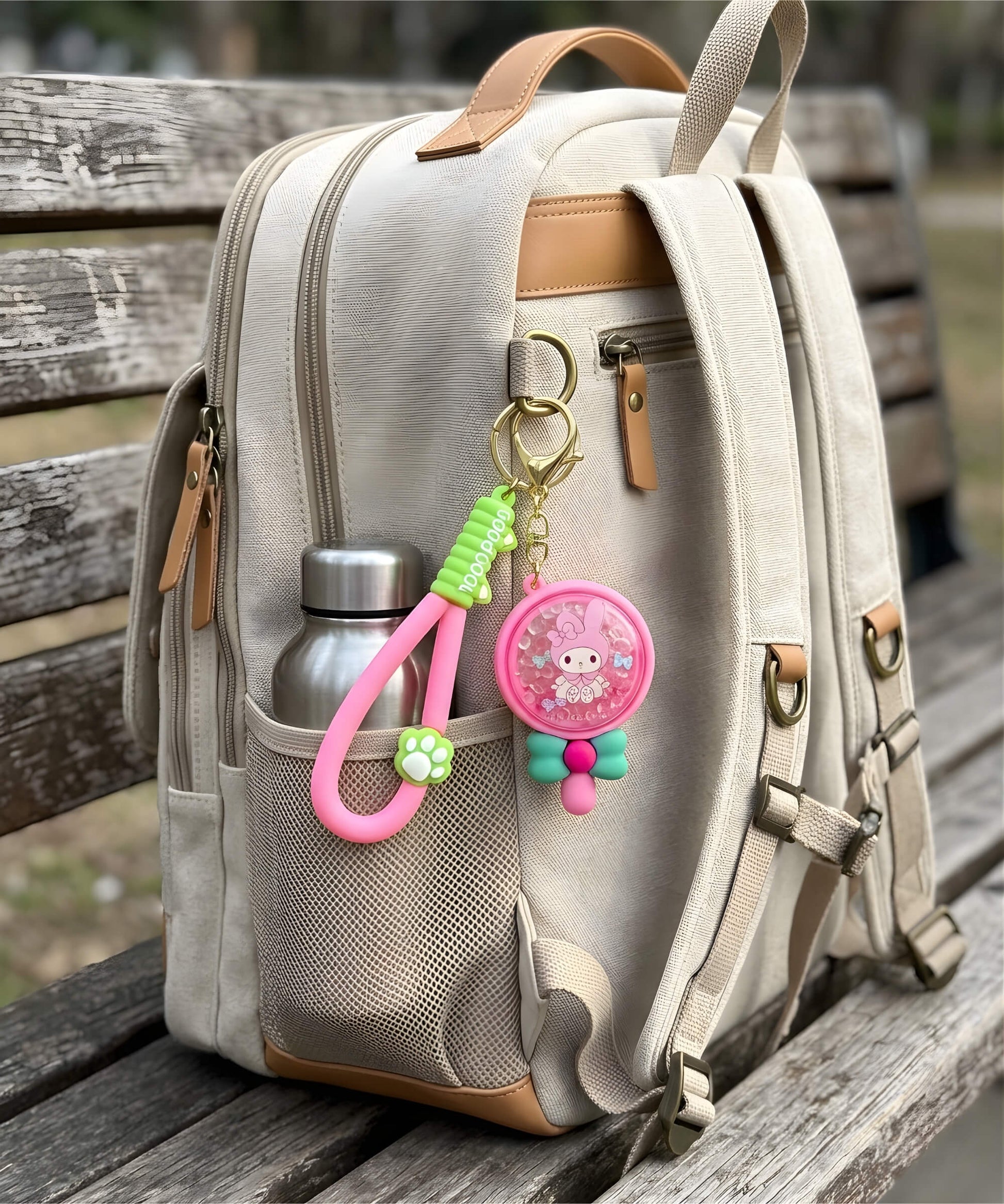 Sanrio bead shaker keychain attached to backpack in outdoor lifestyle setting