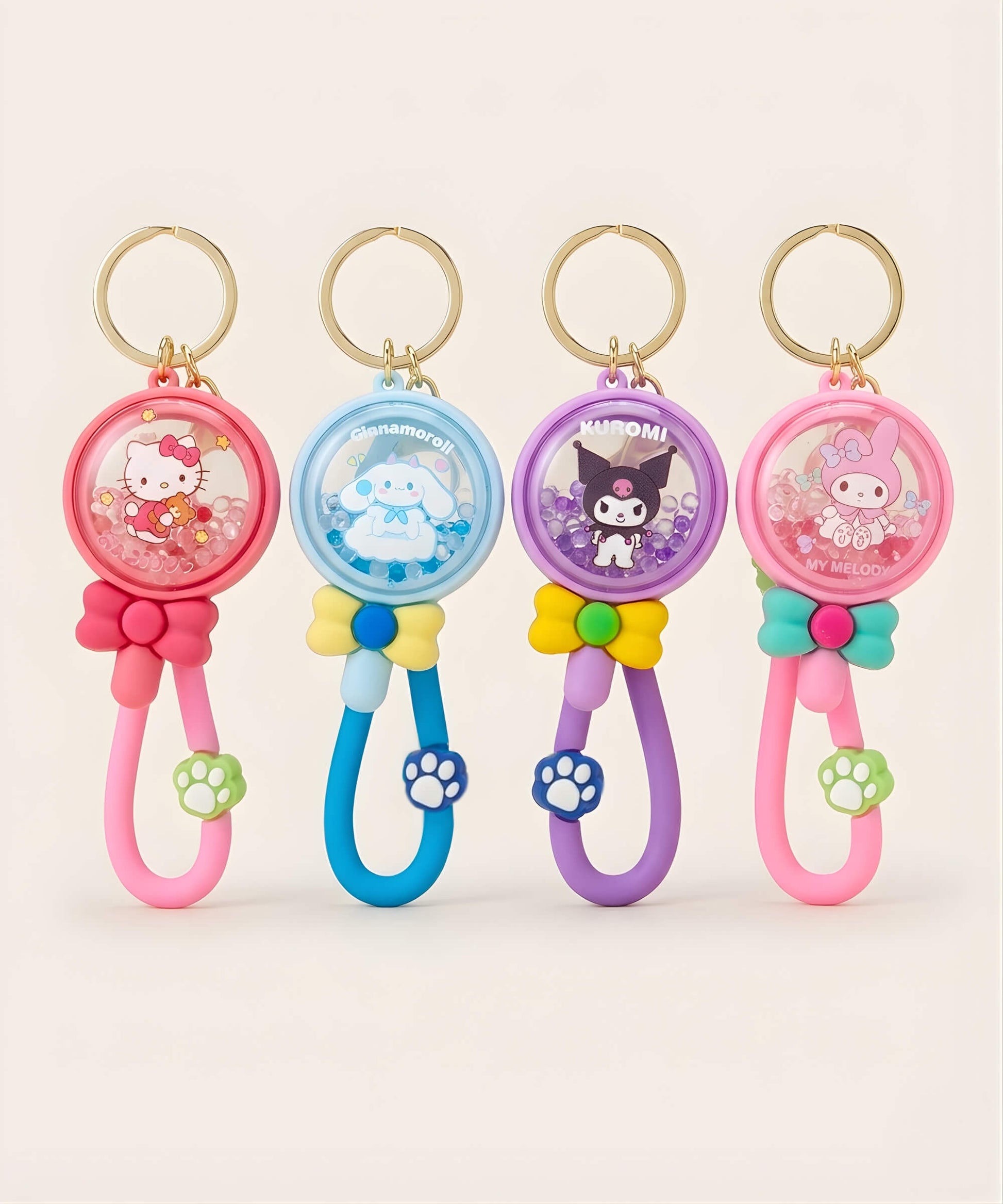 Sanrio bead shaker keychain set with Hello Kitty Cinnamoroll Kuromi and My Melody lollipop design