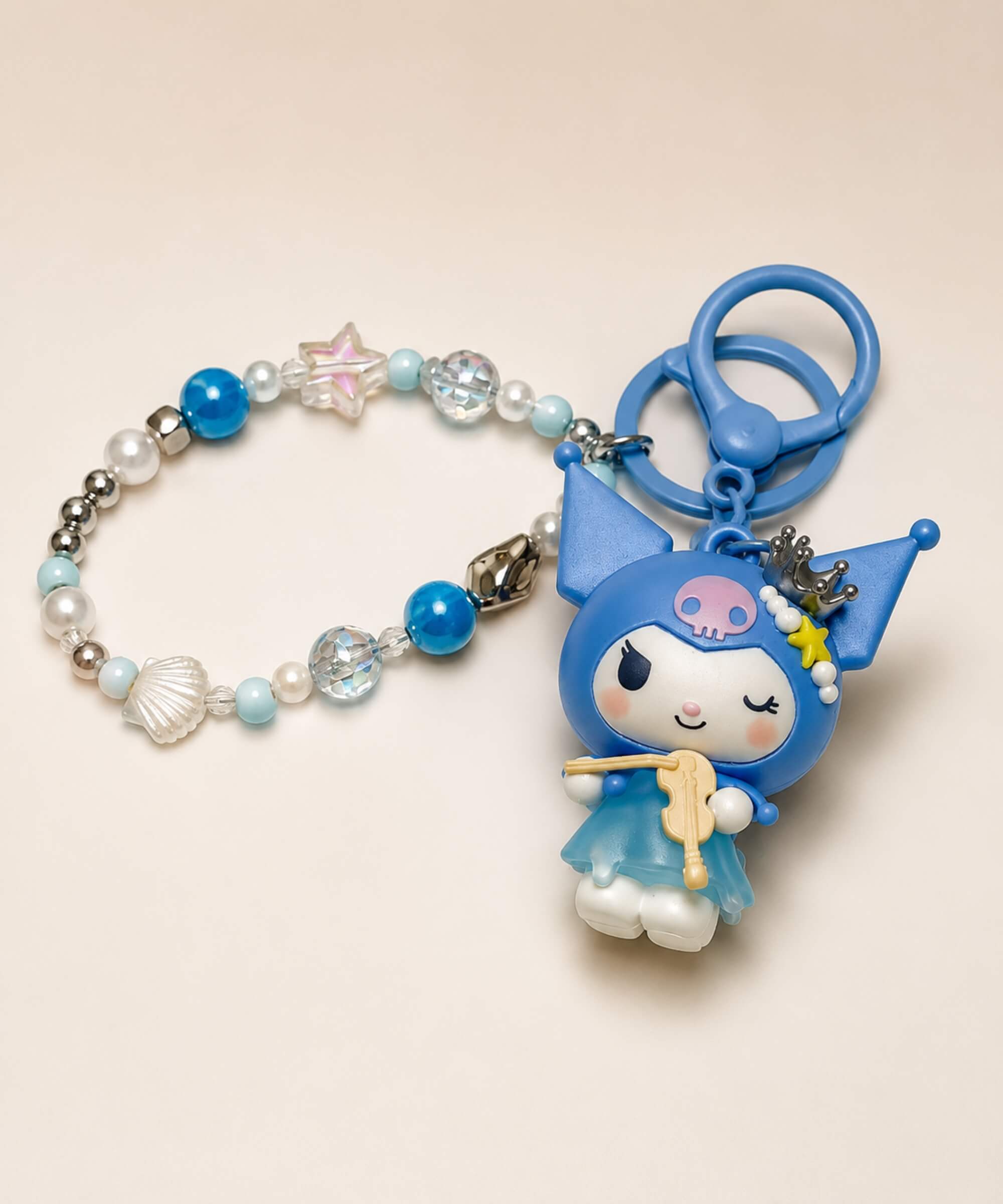 Blue Kuromi violin Sanrio beaded keychain with blue beads, shell detail and character charm
