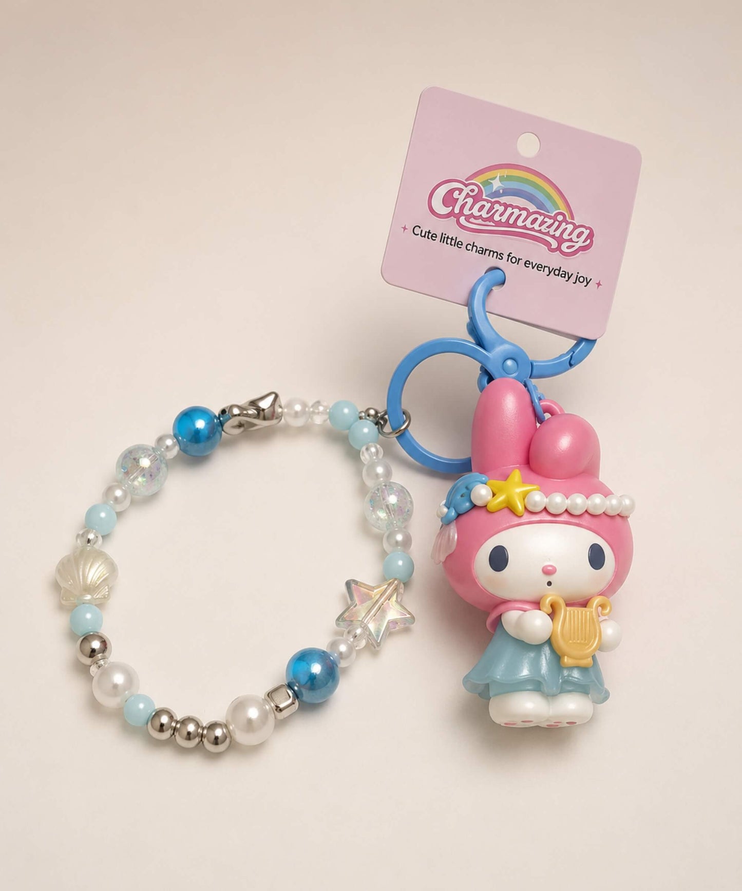 Blue My Melody accordion Sanrio beaded keychain with pearl-look beads, star charm and blue ring hardware
