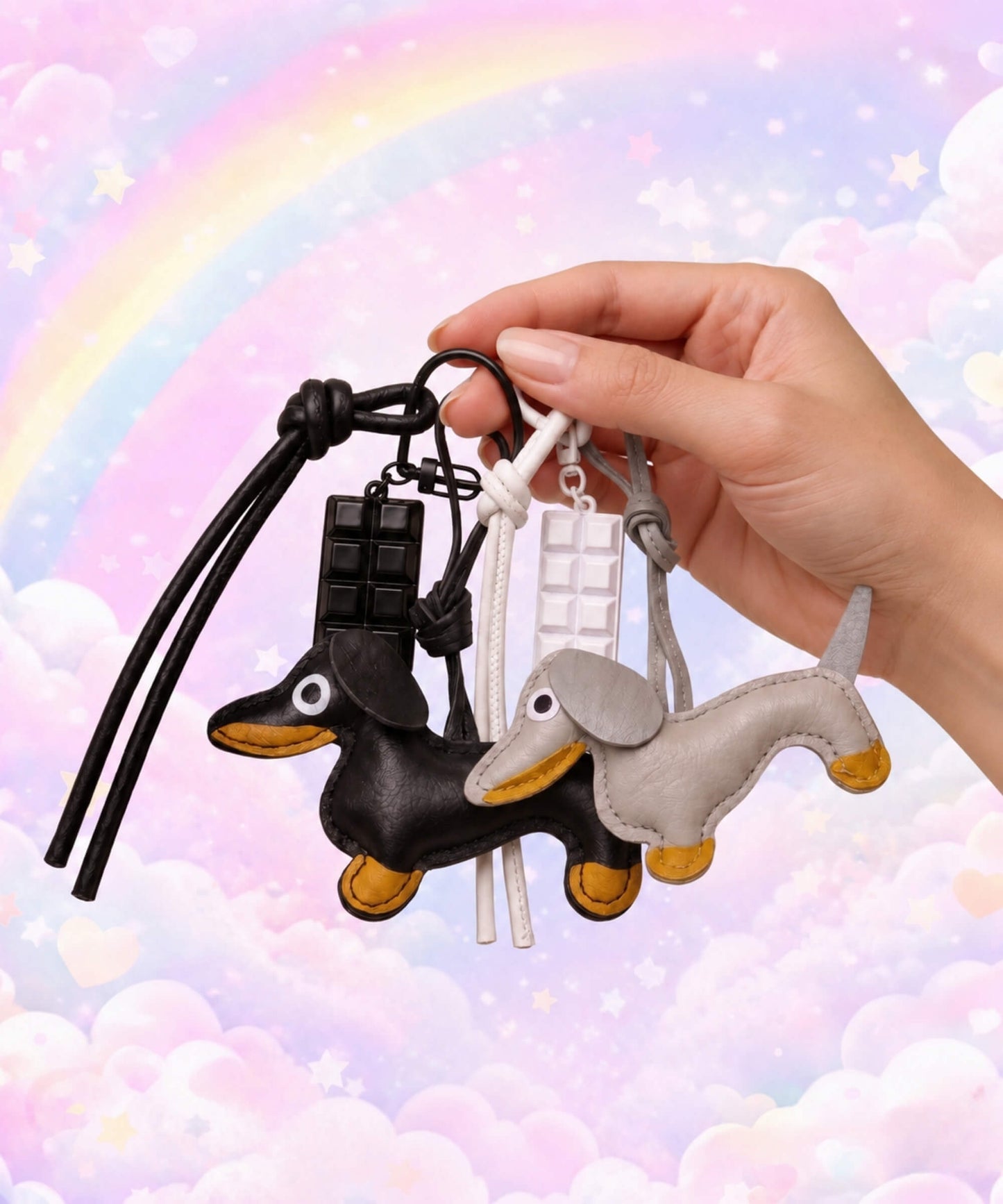 Hand holding black and grey sausage dog PU leather bag charm keychains with chocolate charms against a pastel rainbow background.