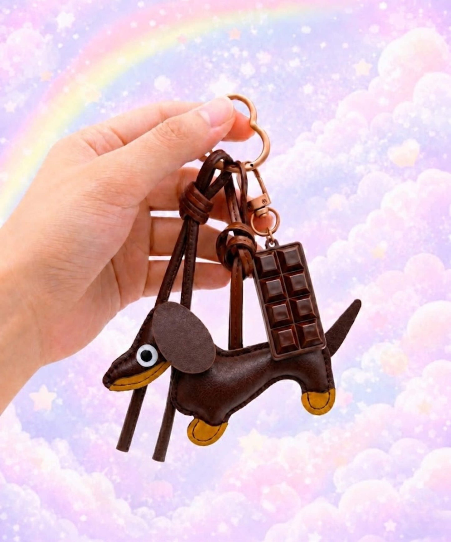 Hand holding a brown sausage dog PU leather bag charm keychain with a chocolate charm against a pastel rainbow background.