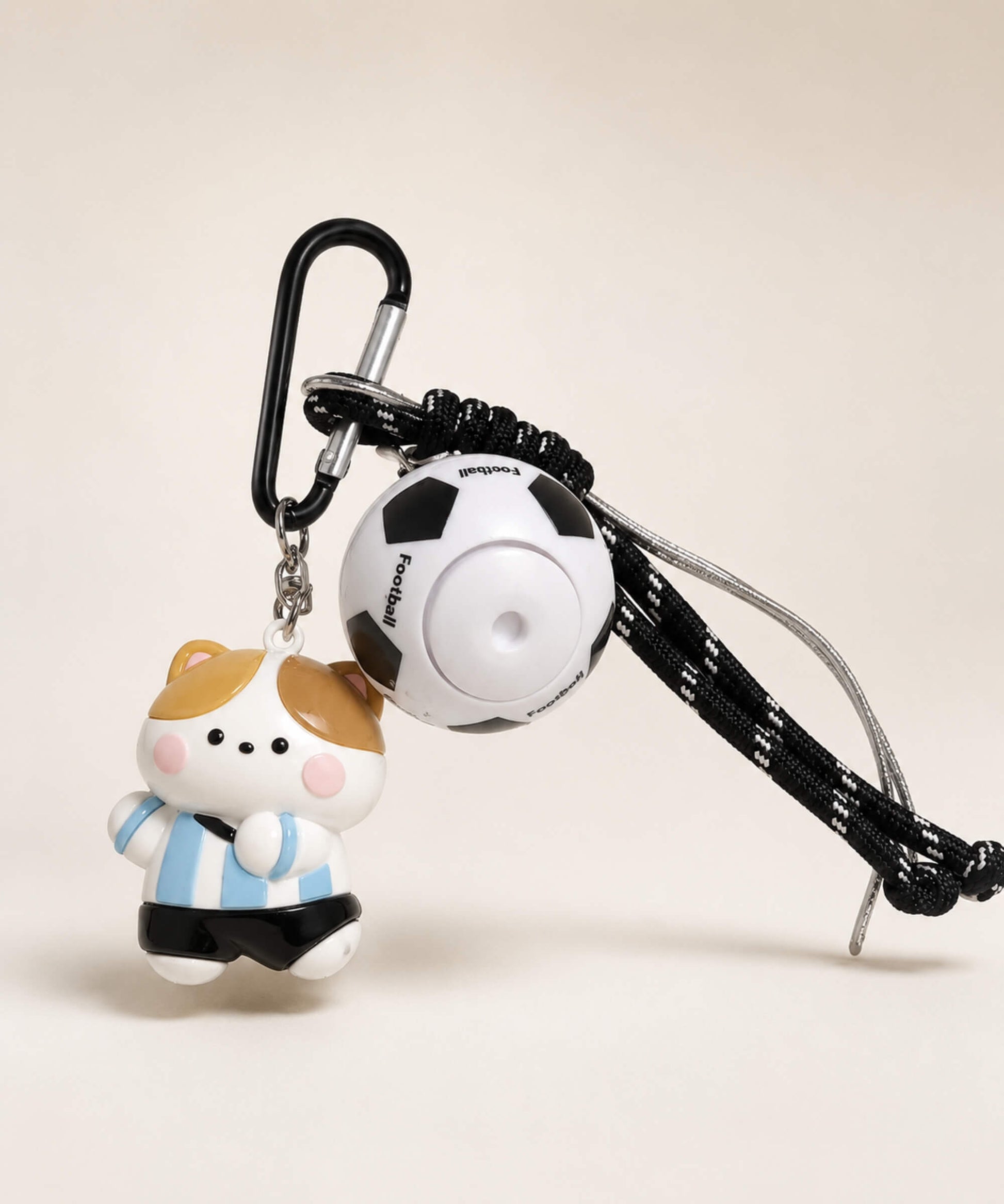 Blue team cat soccer ball spinner keychain with rotating football charm and black rope-style strap