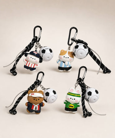 Soccer ball spinner keychains in four cute football-inspired character styles with rope-style straps