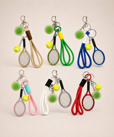 Tennis charm set rope keychains in assorted colours with mini racket, tennis ball charms and rope straps