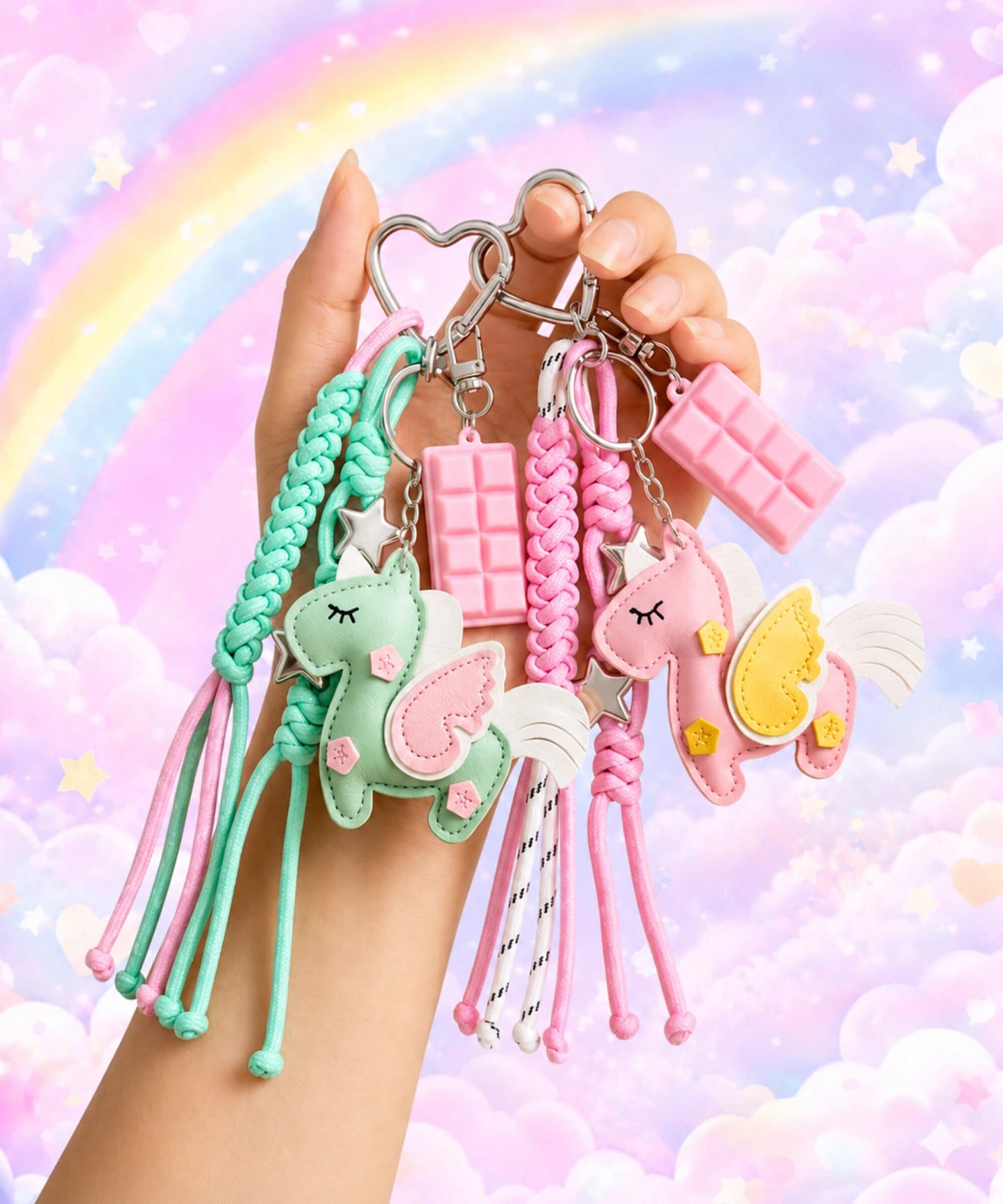Green and pink unicorn PU leather bag charm keychains with chocolate charms held against a pastel rainbow background.