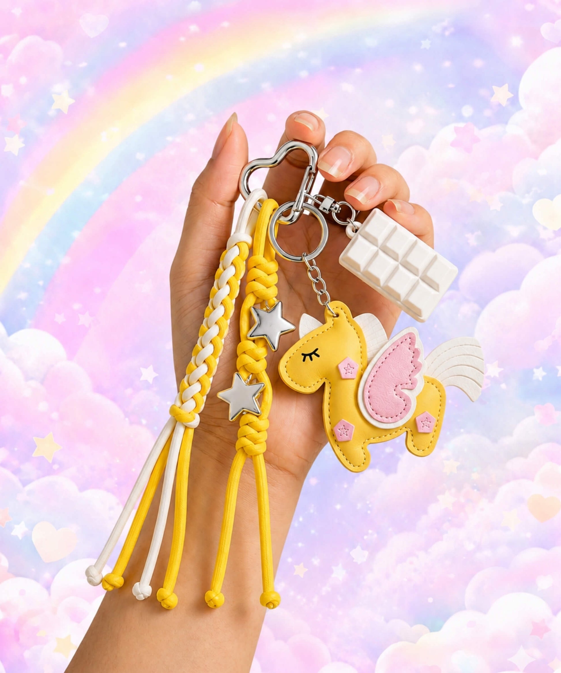 Yellow unicorn PU leather bag charm keychain with star and chocolate charms held against a pastel rainbow background.
