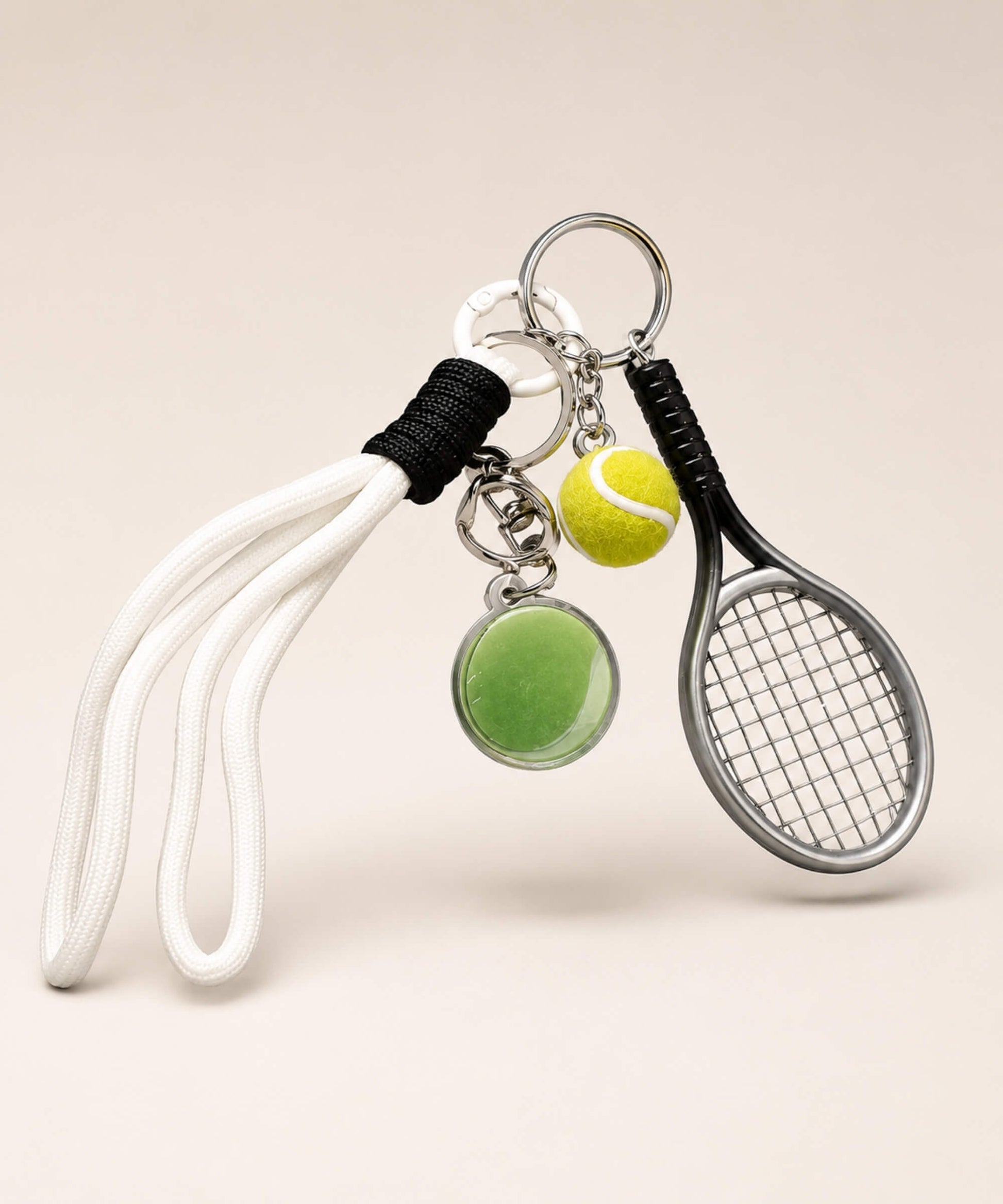 White tennis charm set rope keychain with mini racket, tennis ball charms and rope strap