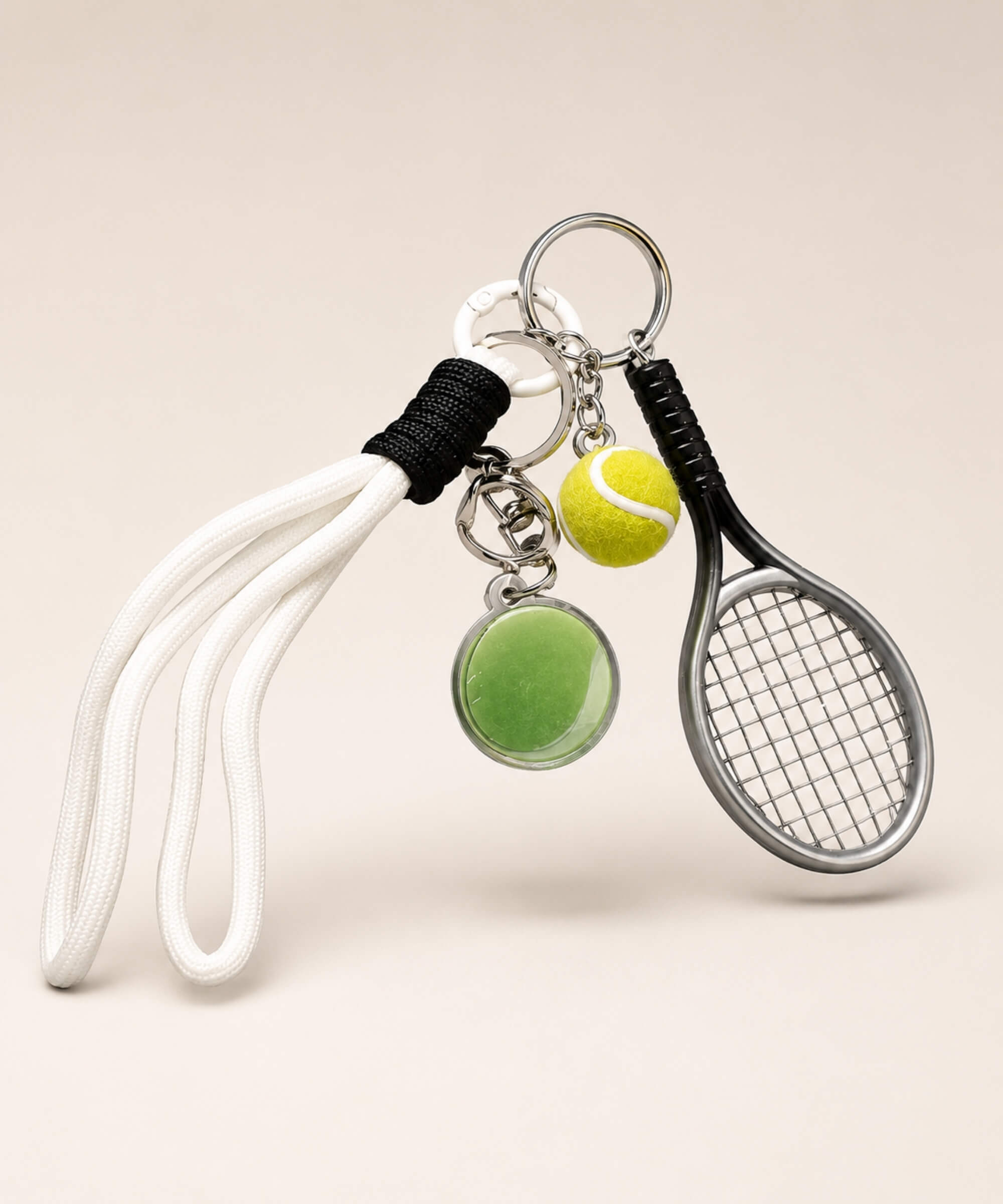 White tennis charm set rope keychain with mini racket, tennis ball charms and rope strap