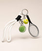 White tennis charm set rope keychain with mini racket, tennis ball charms and rope strap