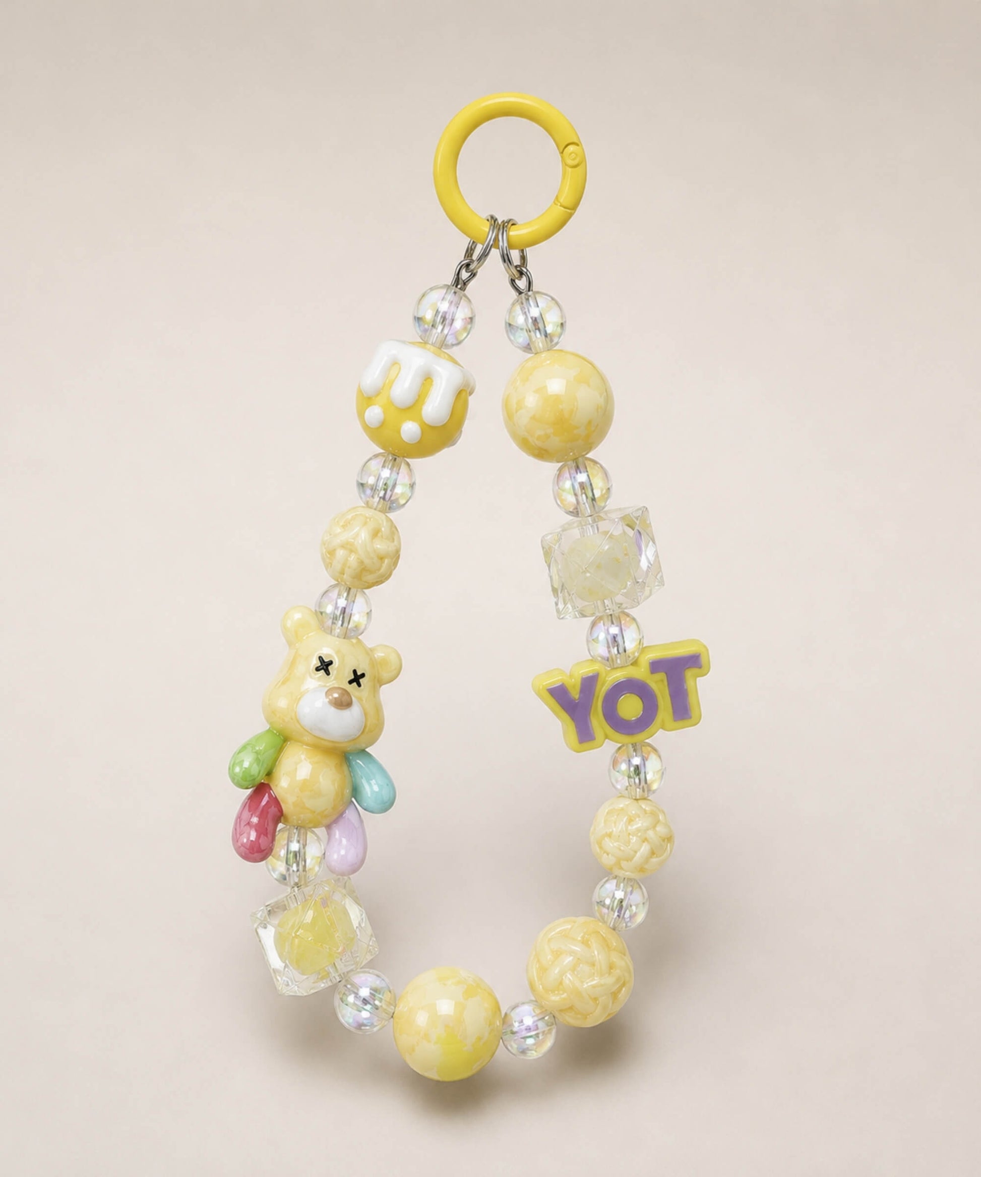 Yellow bear beaded keychain with glossy beads, YOT charm and yellow ring