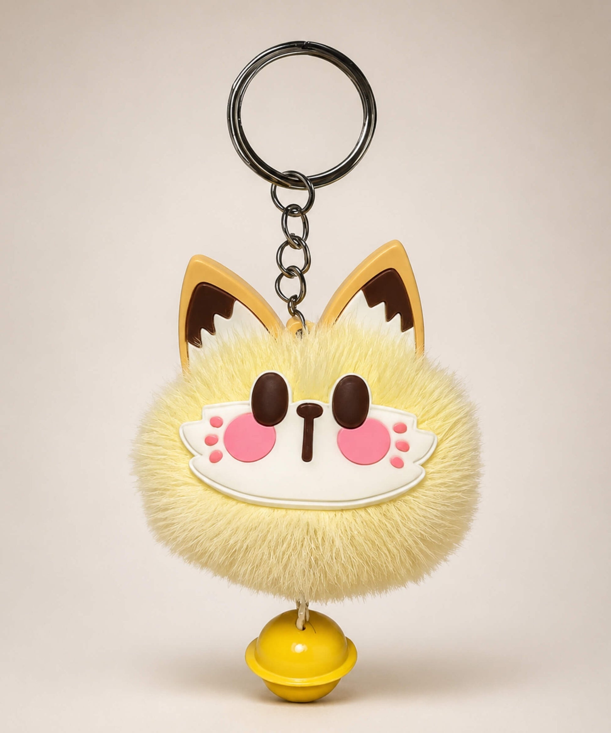 Yellow lucky cat bell plush keychain with fluffy cat face charm and yellow bell