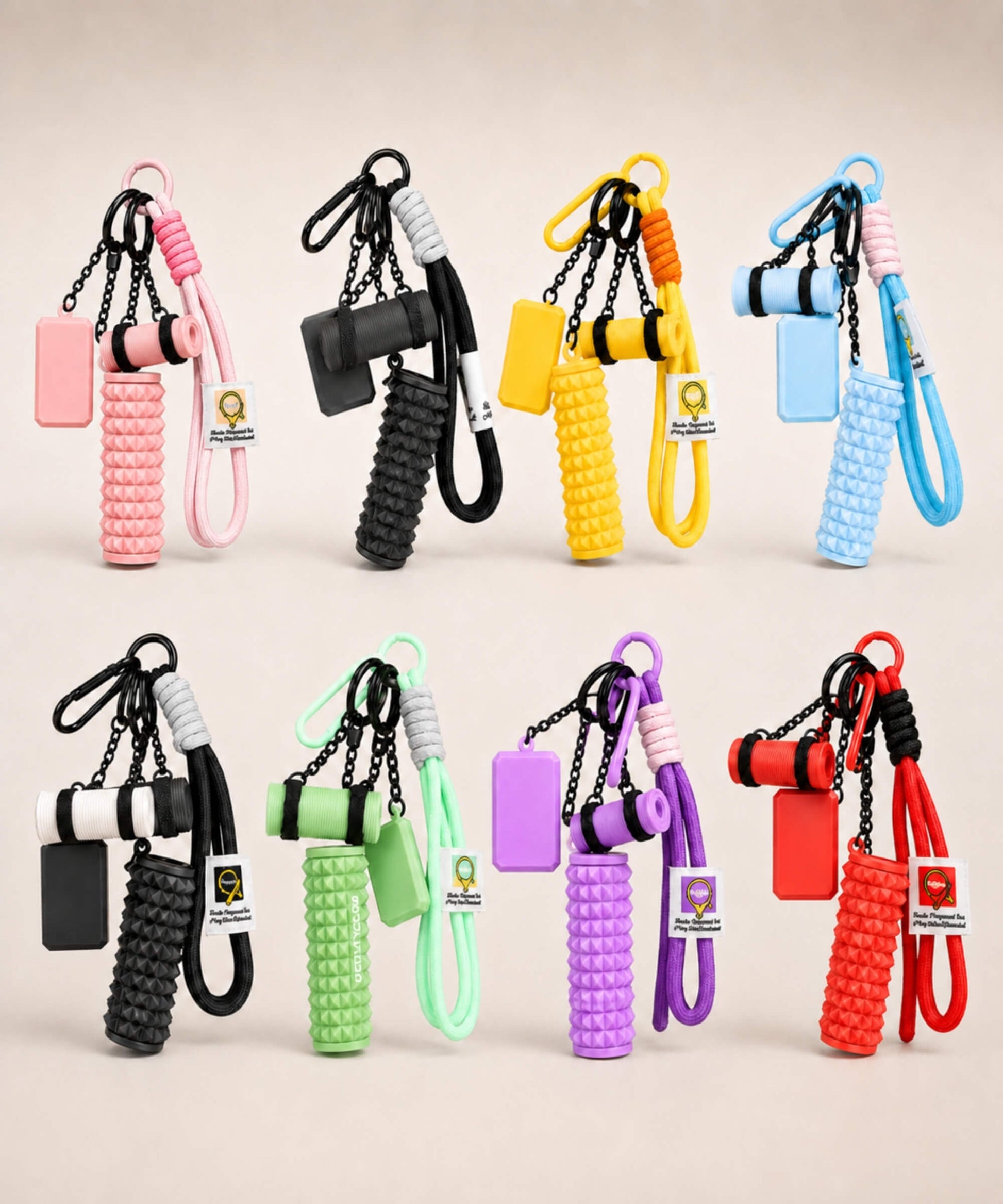 Yoga rope keychains in eight colours displayed together on a neutral background