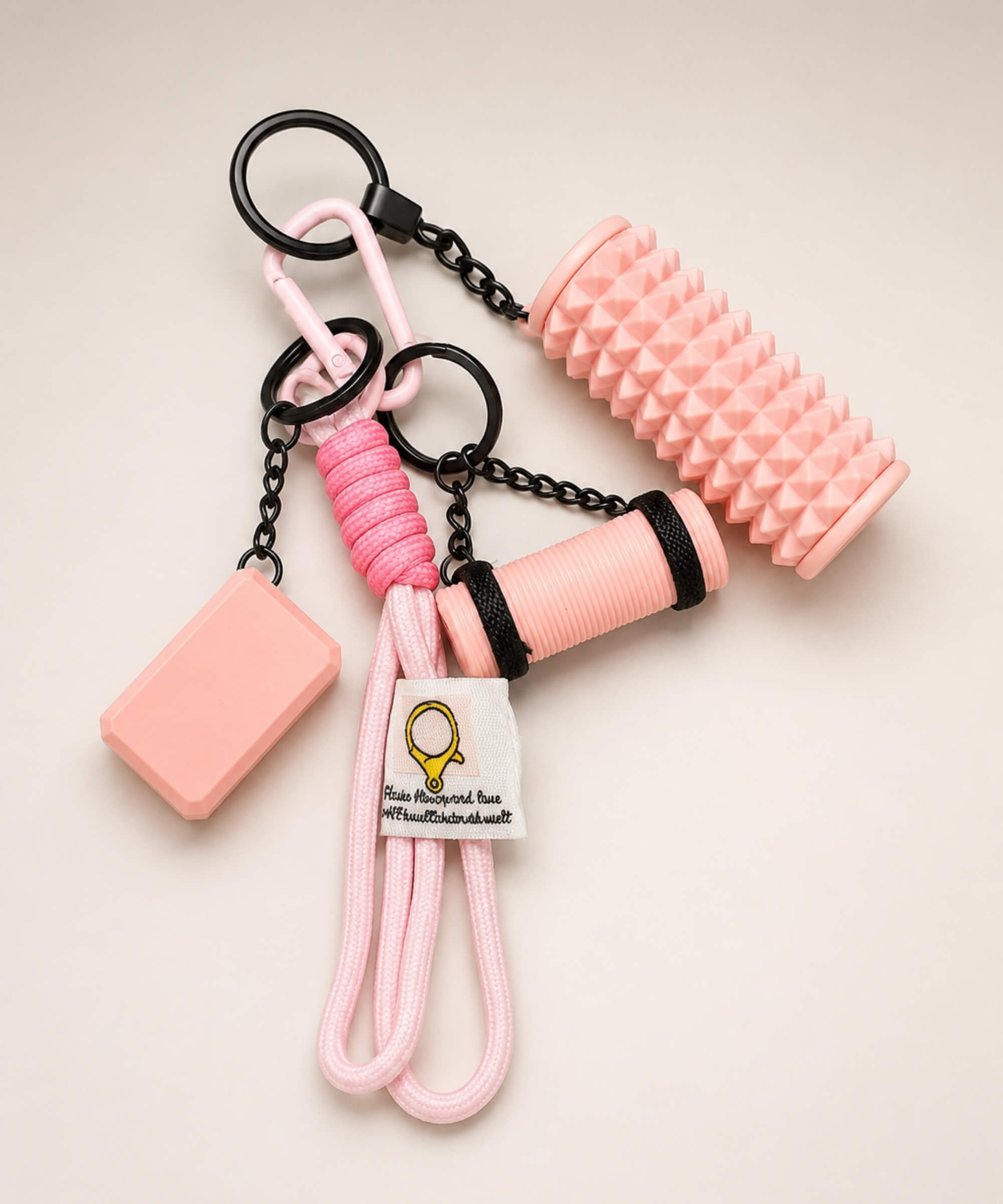 Pink yoga rope keychain with mini foam roller charm styled in a flat lay on a neutral background
