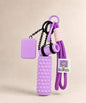 Purple yoga rope keychain with mini foam roller charm on a neutral background