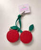 Cherry fruit coin purse keychain with two red PU leather-style pouches, green stems and leaf details