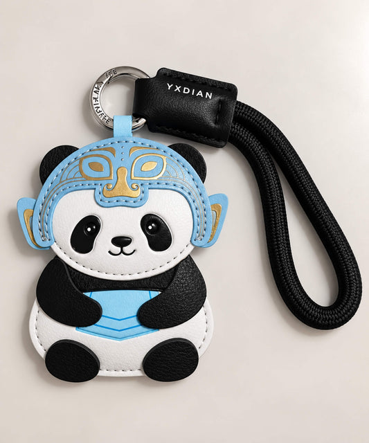 Black and white Panda Chinese opera-inspired PU leather bag charm keychain with blue and gold details