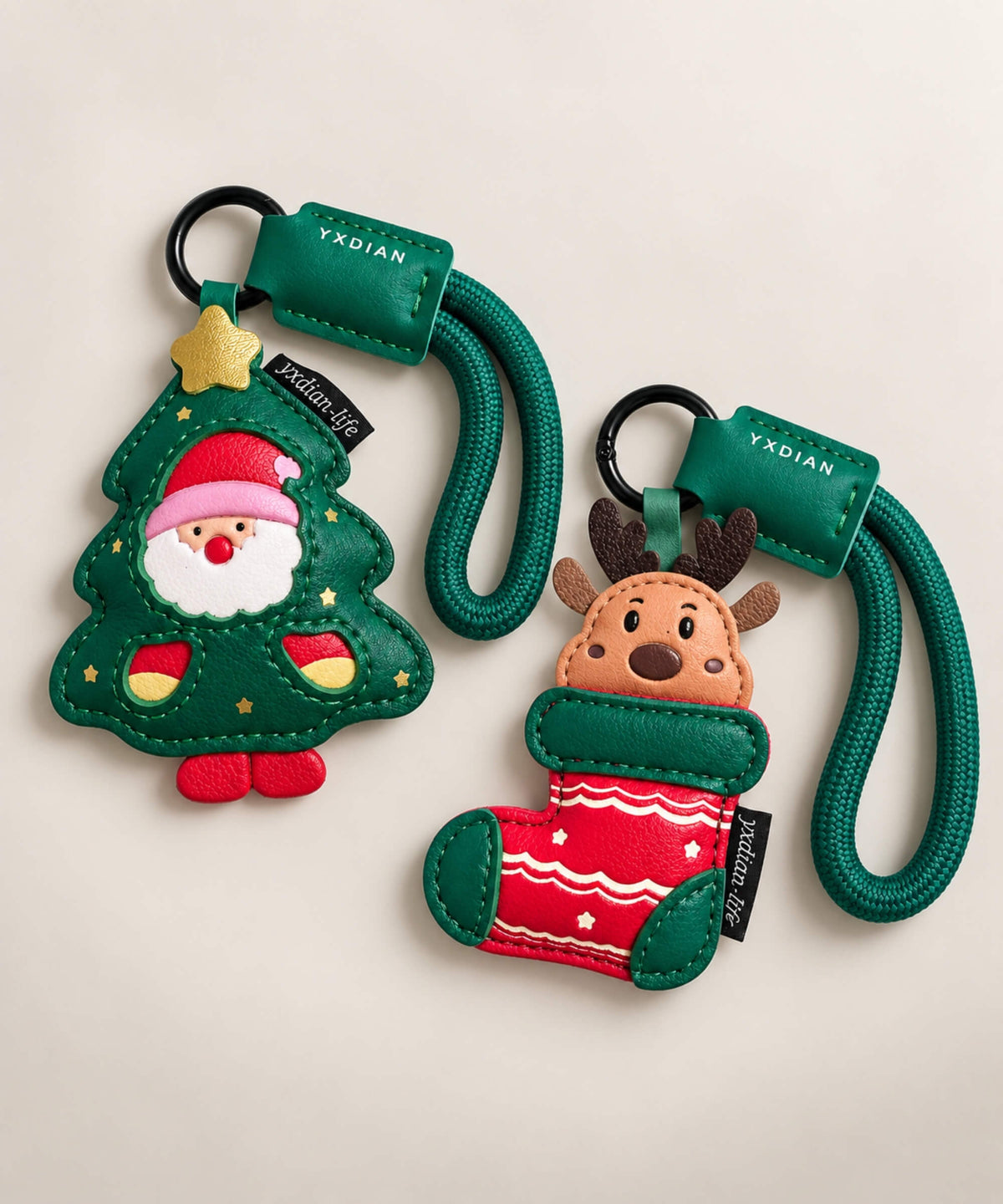 Christmas PU leather bag charm keychains in Reindeer Stocking and Santa Christmas Tree designs